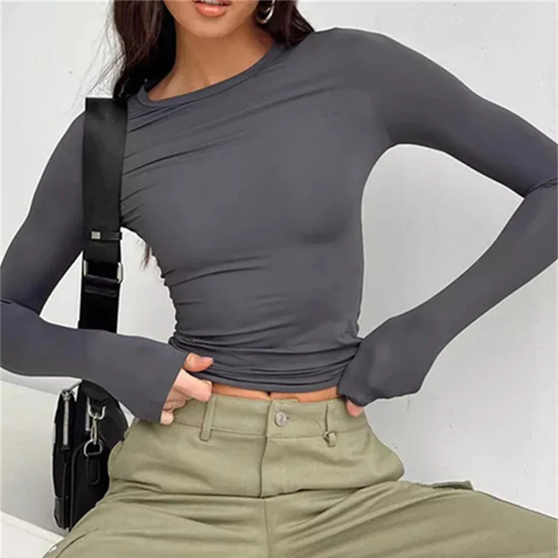 Women Long Sleeve T Shirt Spring Autumn Solid Slim Fit Casual Shirts Female Pullovers Basic Tee Y2k Clothes Streetwear Crop Tops