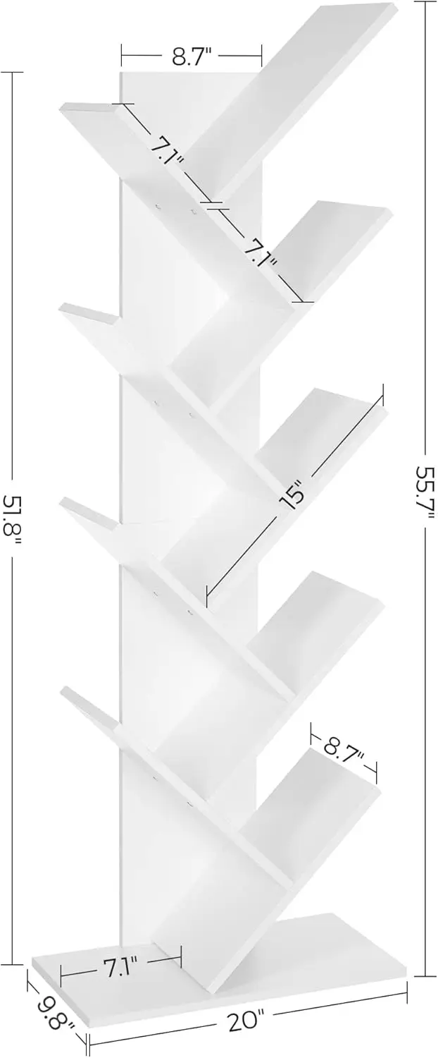 VASAGLE Tree Bookshelf, 9-Tier Bookcase, Large Bookshelf, Space-Saving Corner Shelf, Book Tree, Holds Books, CDs, Games, for Bed